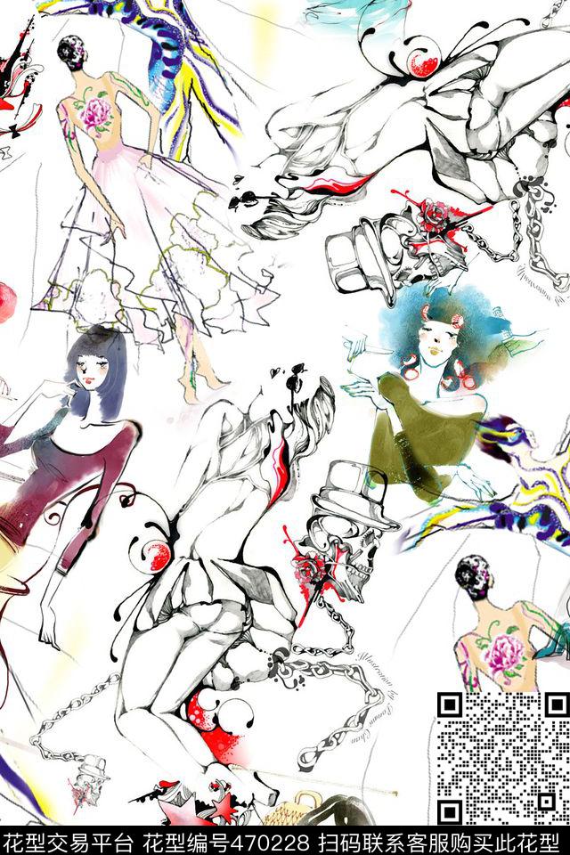 插画抽象人物骷髅数码印花华亿平台下载（图片编号: 470228） - 瓦栏（Walan）