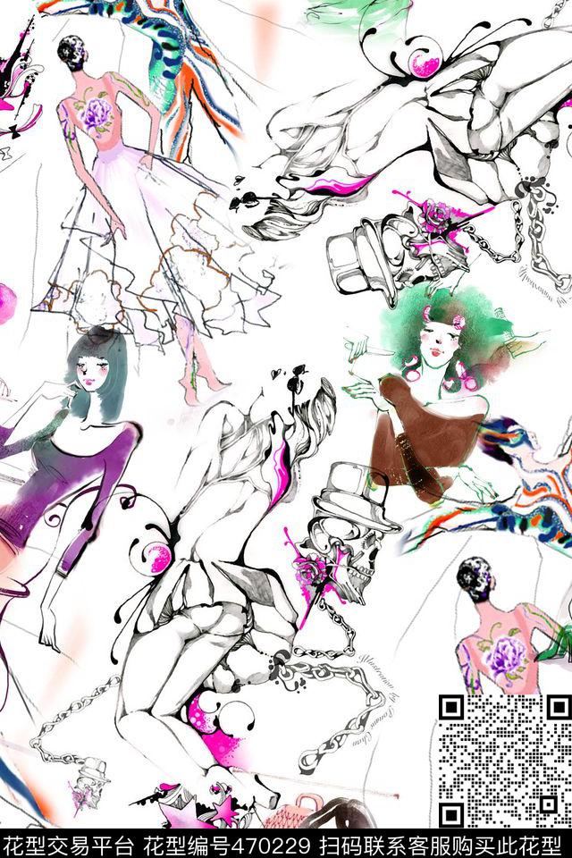 插画抽象人物骷髅数码印花华亿平台下载（图片编号: 470229） - 瓦栏（Walan）