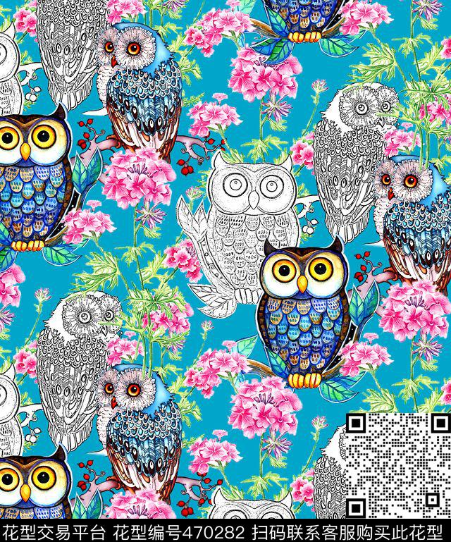 动物可爱手绘猫头鹰数码印花华亿平台下载（图片编号: 470282） - 瓦栏（Walan）