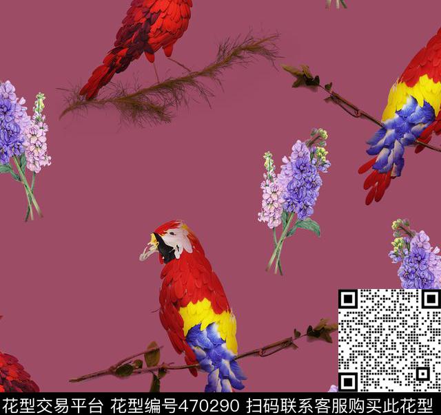 复古鹦鹉风信子数码印花华亿平台下载（图片编号: 470290） - 瓦栏（Walan）