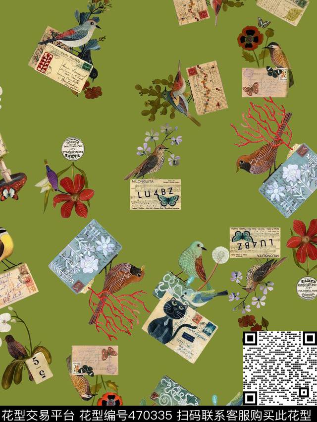 复古信封鸟数码印花华亿平台下载（图片编号: 470335） - 瓦栏（Walan）