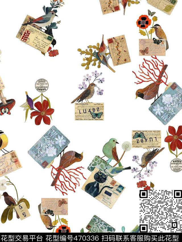 复古信封鸟数码印花华亿平台下载（图片编号: 470336） - 瓦栏（Walan）