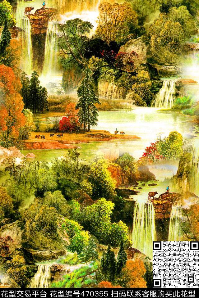 潮流大牌工笔画山水画数码印花华亿平台下载（图片编号: 470355） - 瓦栏（Walan）