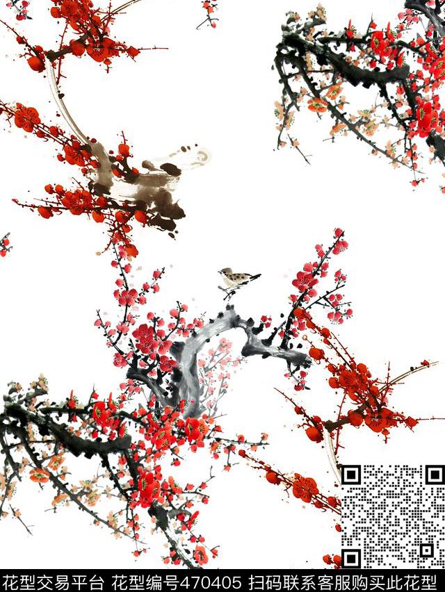 水墨梅花梅花水墨画数码印花华亿平台下载（图片编号: 470405） - 瓦栏（Walan）