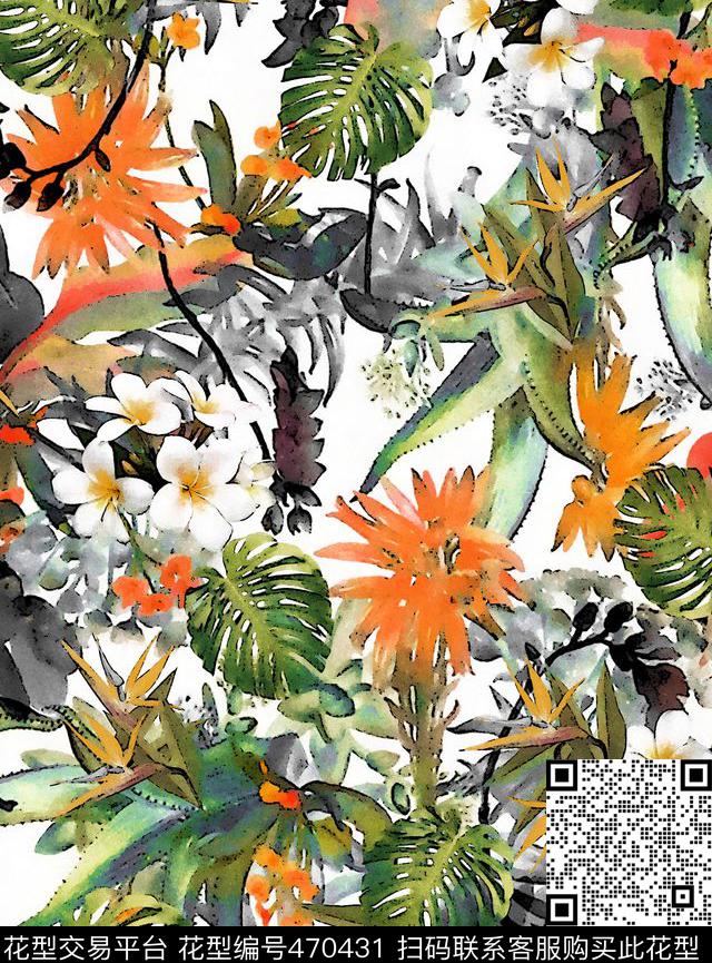 手绘效果热带植物数码印花华亿平台下载（图片编号: 470431） - 瓦栏（Walan）