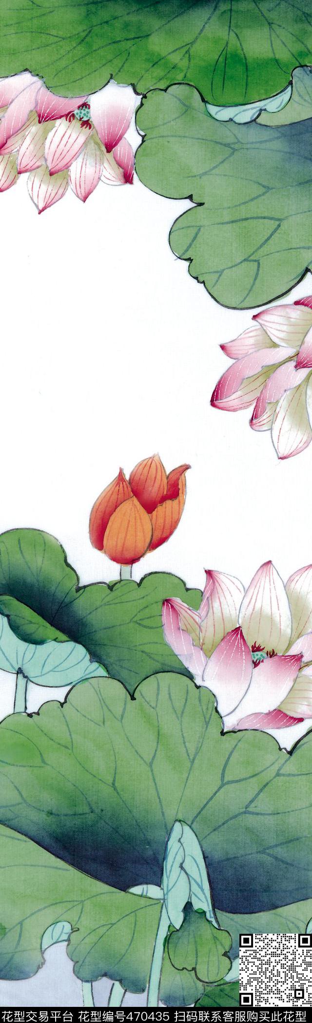 工笔荷花荷叶数码印花华亿平台下载（图片编号: 470435） - 瓦栏（Walan）
