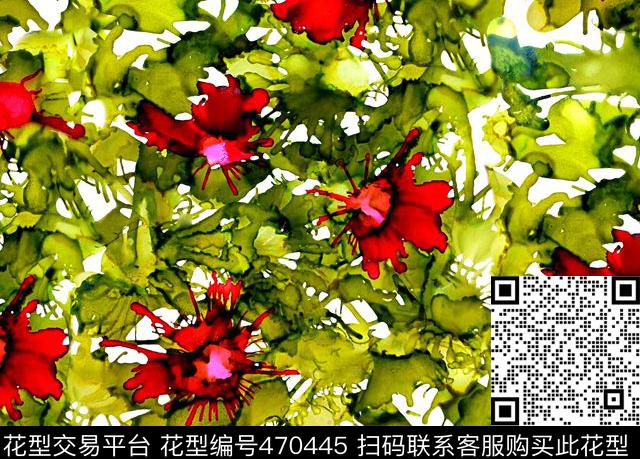 红花绿叶手绘花叶水彩画水喷画传统印花华亿平台下载（图片编号: 470445） - 瓦栏（Walan）