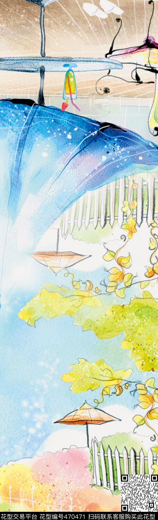 风景凉亭手绘数码印花华亿平台下载（图片编号: 470471） - 瓦栏（Walan）