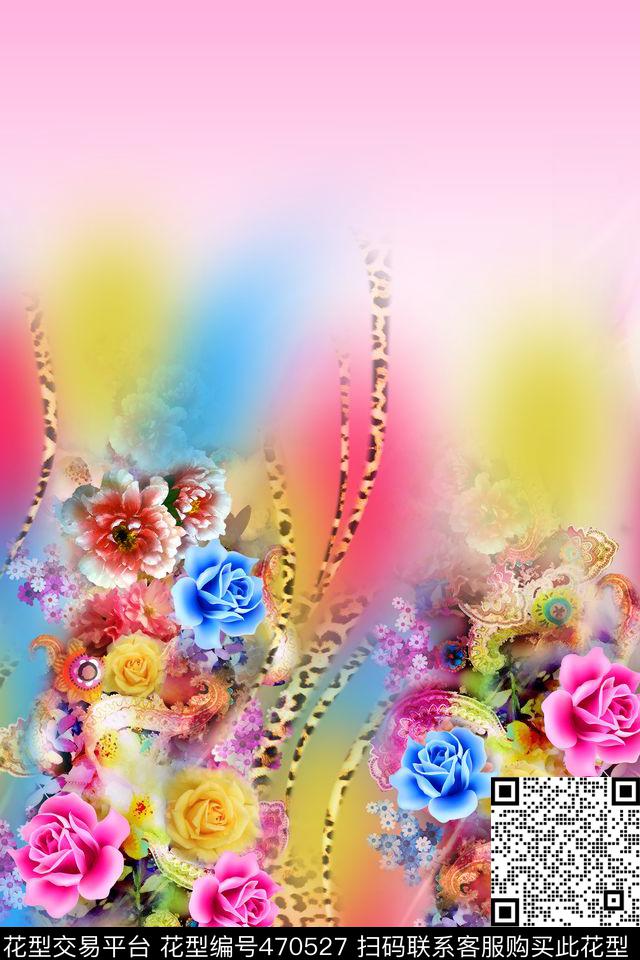 时尚豹纹花卉佩斯利定位花女装定位数码印花华亿平台下载（图片编号: 470527） - 瓦栏（Walan）