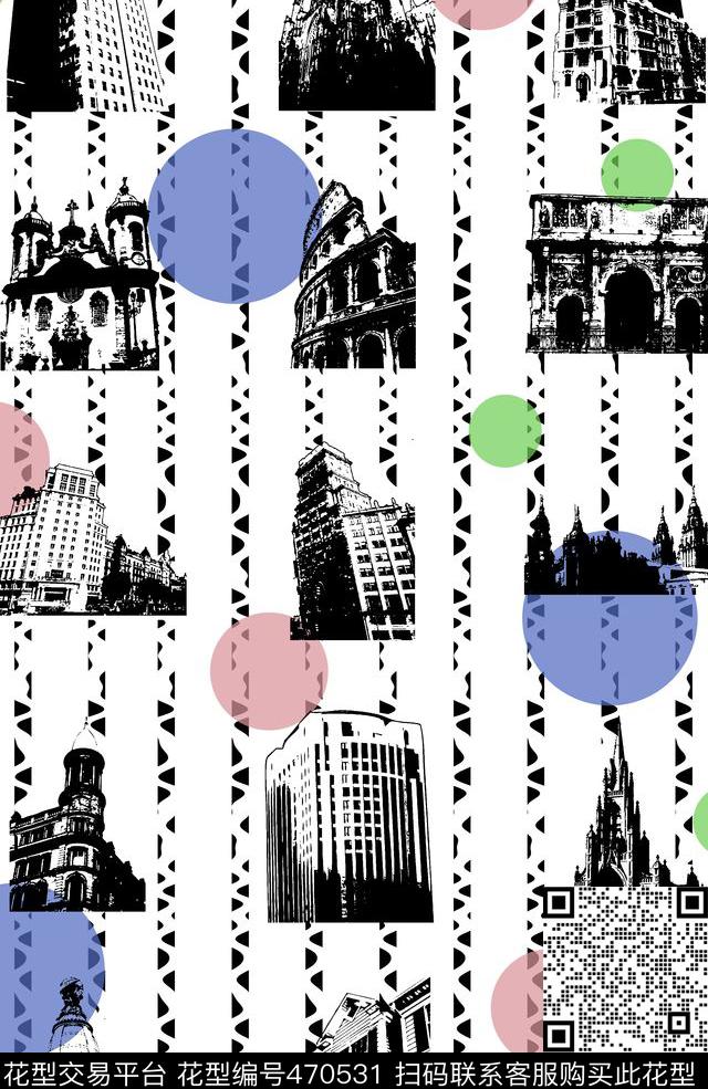 欧洲建筑剪影传统印花华亿平台下载（图片编号: 470531） - 瓦栏（Walan）