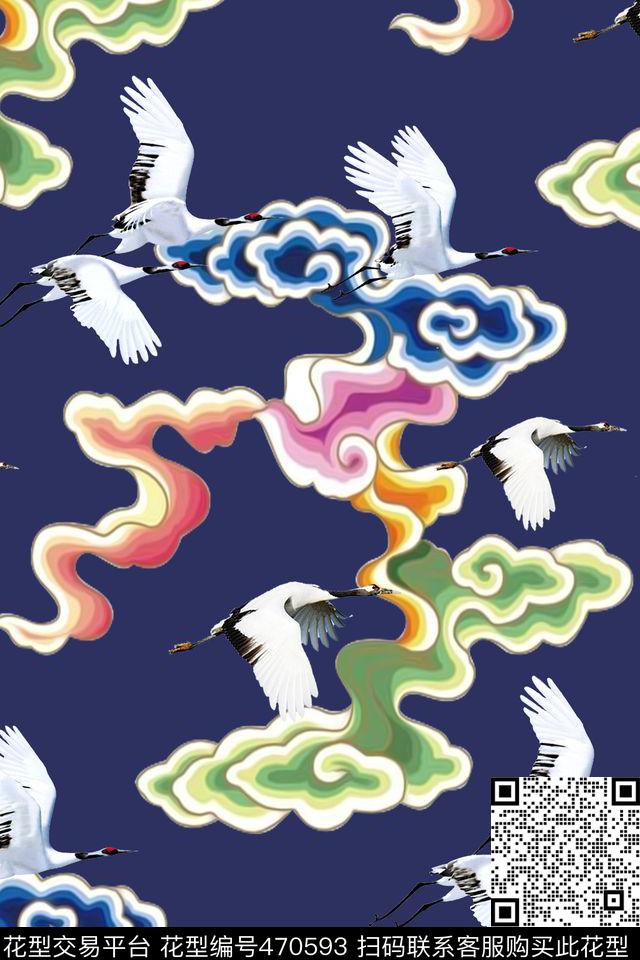 中国风祥云仙鹤数码印花华亿平台下载（图片编号: 470593） - 瓦栏（Walan）