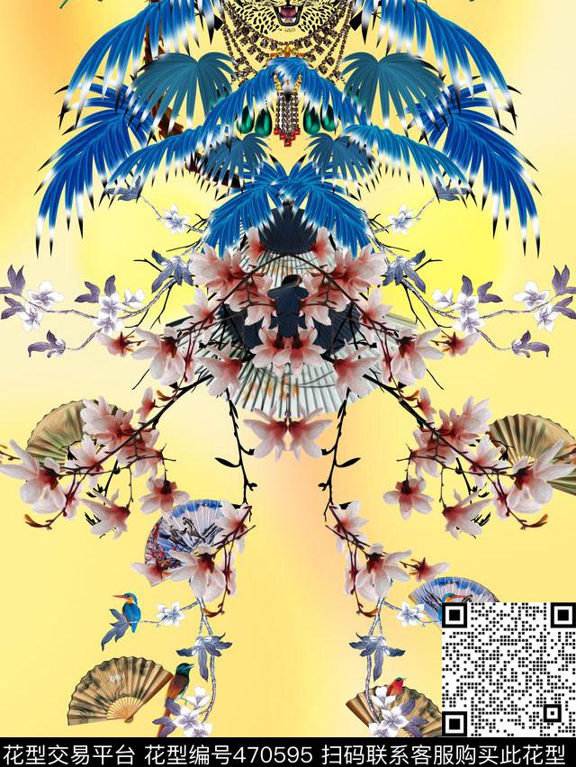定位中国风热带风情玉兰扇子数码印花华亿平台下载（图片编号: 470595） - 瓦栏（Walan）