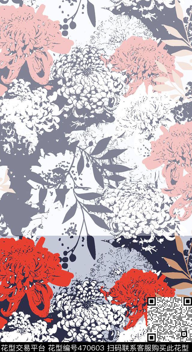 复古红蓝菊花纹样传统印花华亿平台下载（图片编号: 470603） - 瓦栏（Walan）