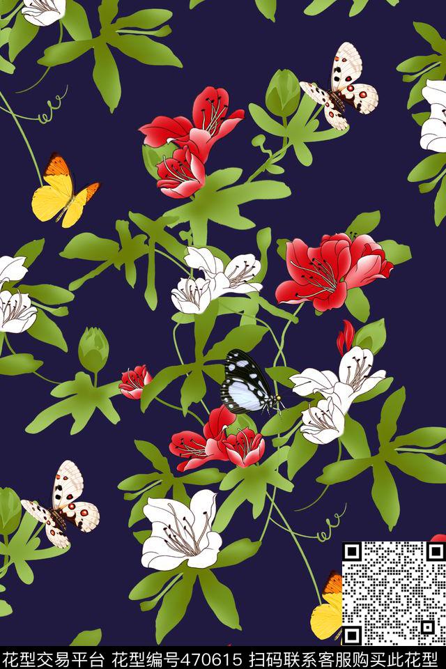 花卉蝴蝶简笔花数码印花华亿平台下载（图片编号: 470615） - 瓦栏（Walan）