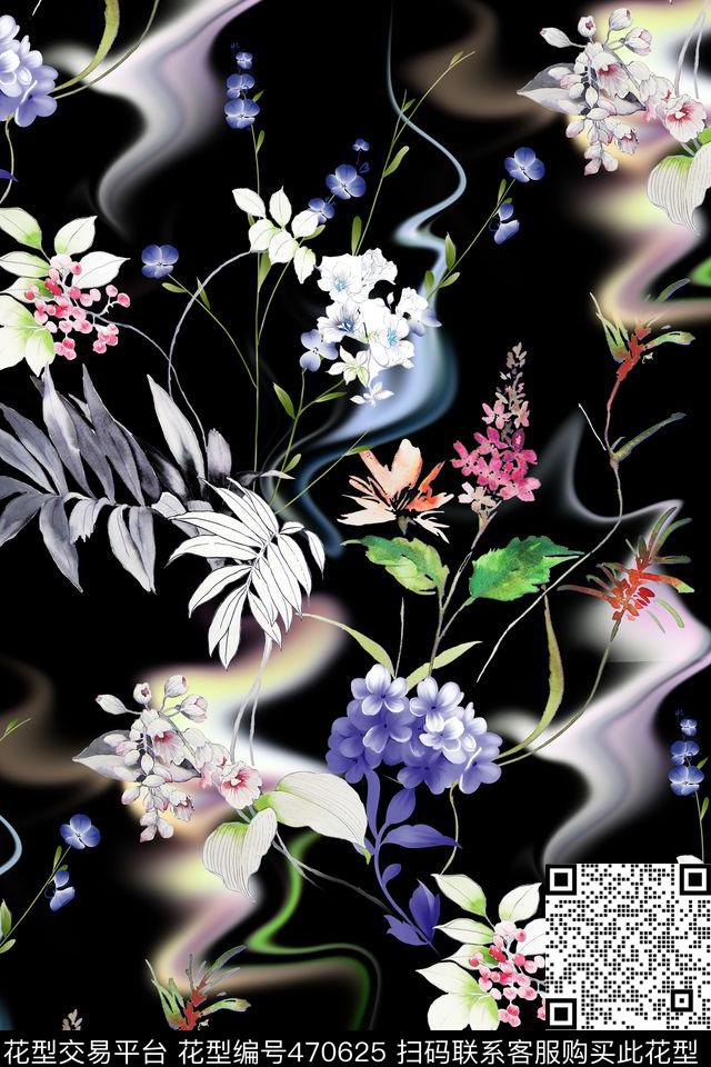 花卉小花晕染数码印花华亿平台下载（图片编号: 470625） - 瓦栏（Walan）