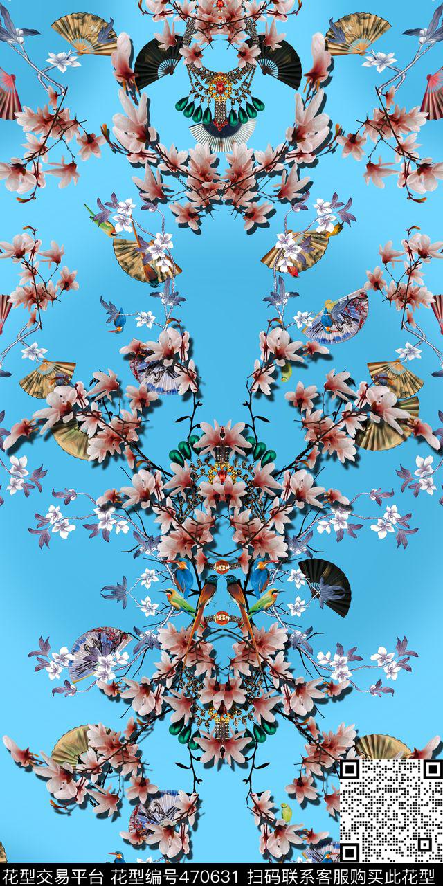 扇子玉兰中国风数码印花华亿平台下载（图片编号: 470631） - 瓦栏（Walan）