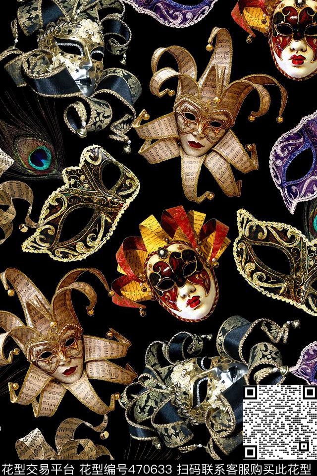 黑底孔雀羽毛舞会假面数码印花华亿平台下载（图片编号: 470633） - 瓦栏（Walan）