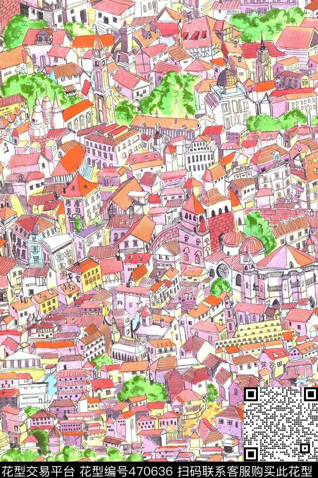 休闲风建筑线描数码印花华亿平台下载（图片编号: 470636） - 瓦栏（Walan）