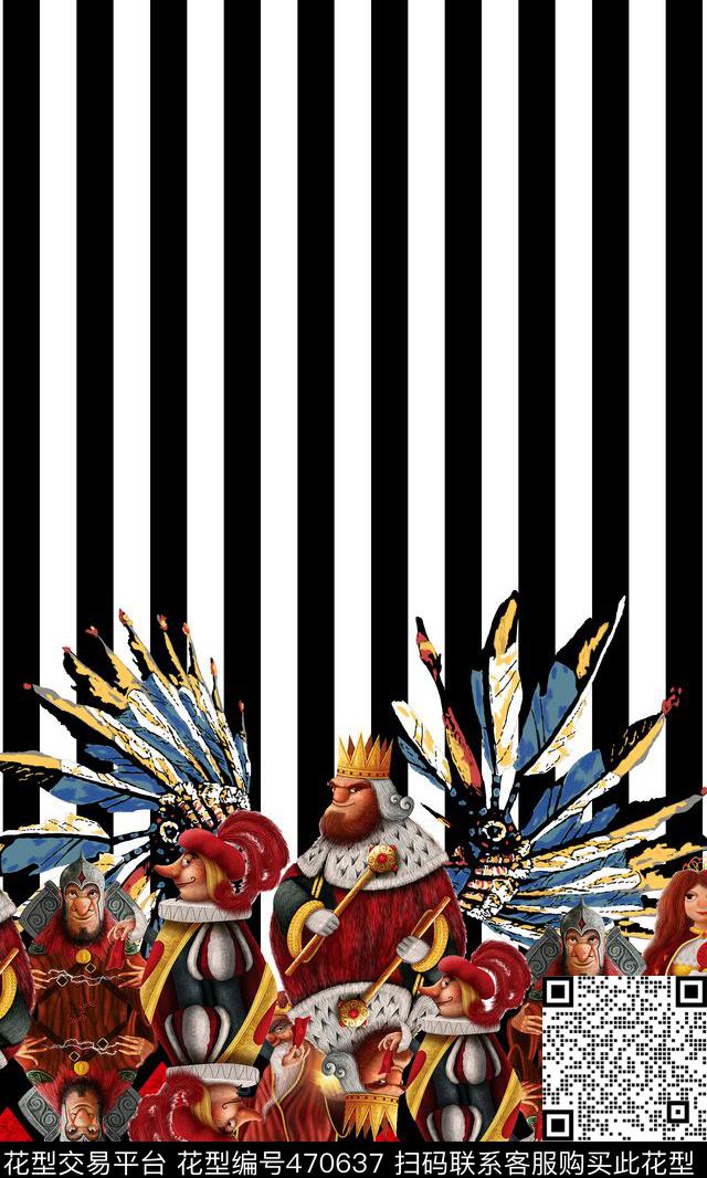 几何线条黑白扑克人物羽毛数码印花华亿平台下载（图片编号: 470637） - 瓦栏（Walan）