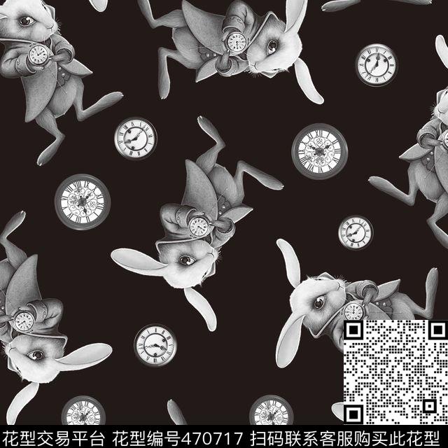 潮流大牌黑白动物兔子钟表黑白数码印花华亿平台下载（图片编号: 470717） - 瓦栏（Walan）