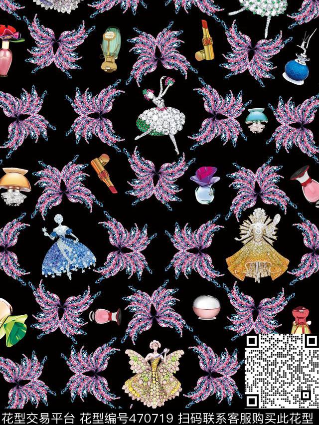 潮流大牌风格蝴蝶珠宝香水瓶数码印花华亿平台下载（图片编号: 470719） - 瓦栏（Walan）