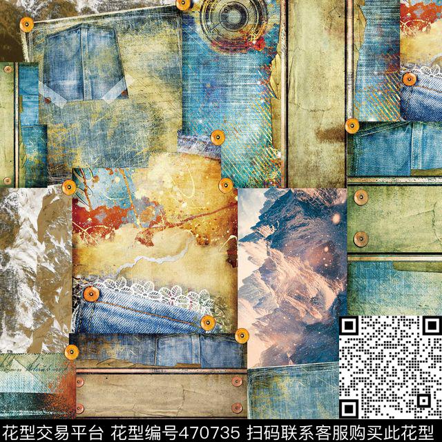 潮流大牌牛仔布纹插画拼贴女装数码印花华亿平台下载（图片编号: 470735） - 瓦栏（Walan）