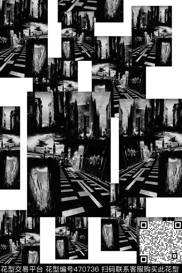 建筑黑白对比强烈数码印花华亿平台下载（图片编号: 470736） - 瓦栏（Walan）