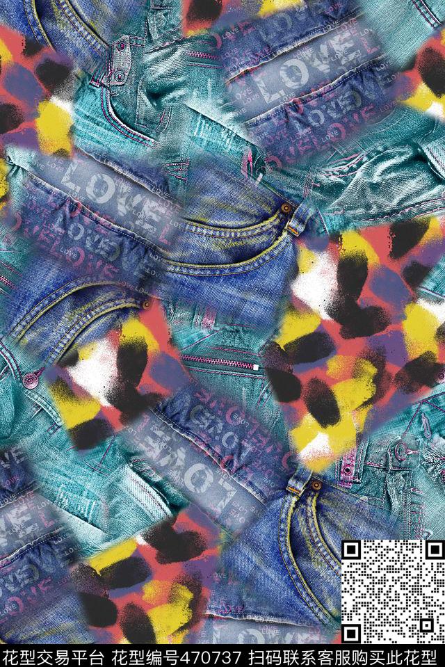 女装牛仔纹理拼贴抽象笔刷色块拼接数码印花华亿平台下载（图片编号: 470737） - 瓦栏（Walan）