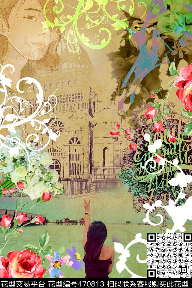 小女子花卉建筑数码印花华亿平台下载（图片编号: 470813） - 瓦栏（Walan）