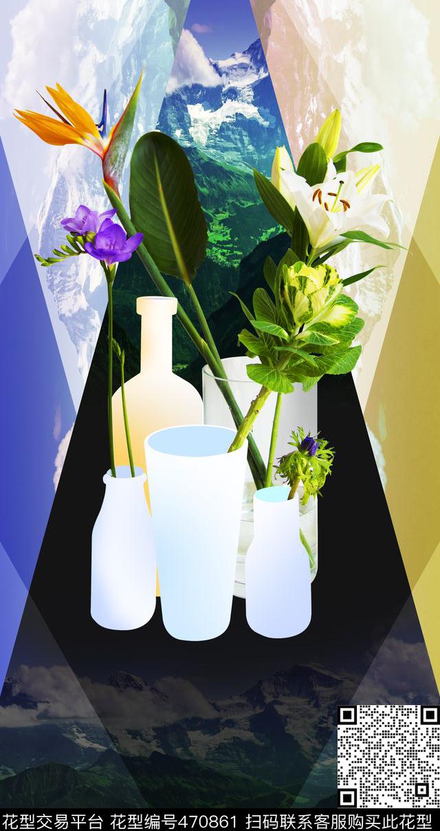 欧美时尚植物学标本几何风景组合数码印花华亿平台下载（图片编号: 470861） - 瓦栏（Walan）