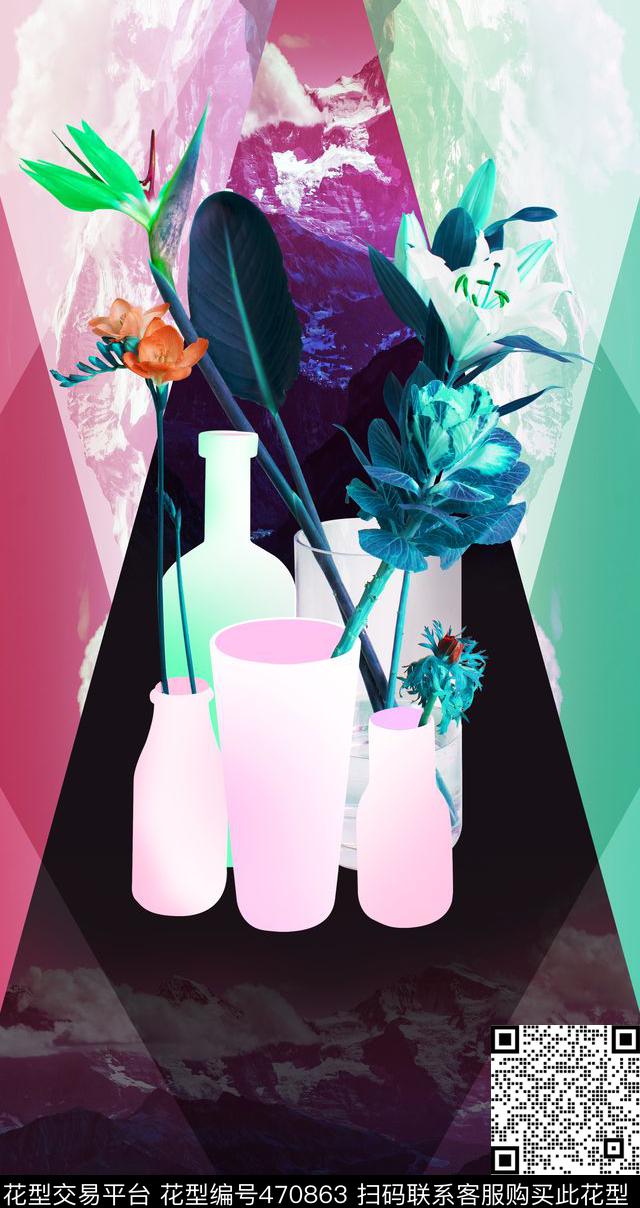 欧美时尚植物学标本几何风景组合数码印花华亿平台下载（图片编号: 470863） - 瓦栏（Walan）