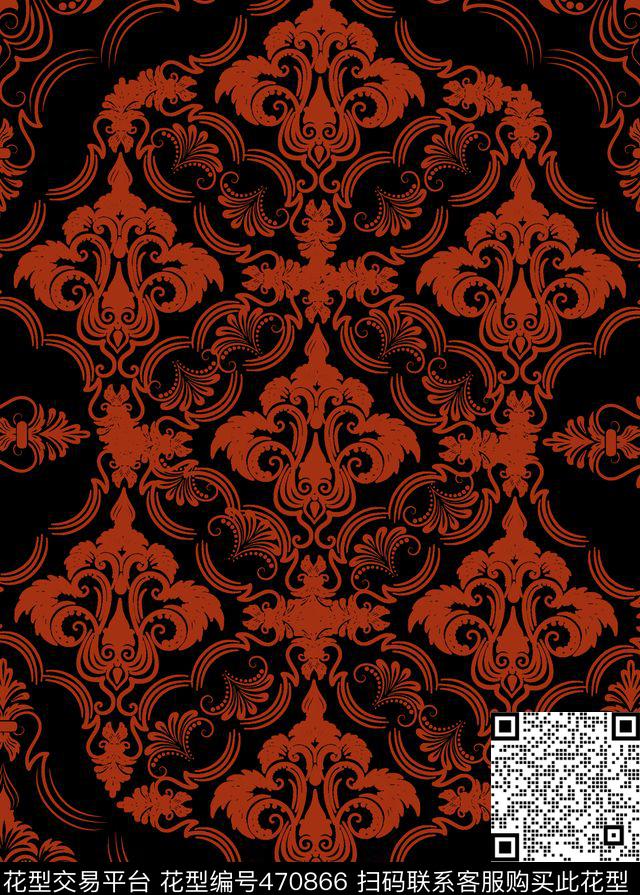 巴洛克单色花纹宫廷风传统印花华亿平台下载（图片编号: 470866） - 瓦栏（Walan）
