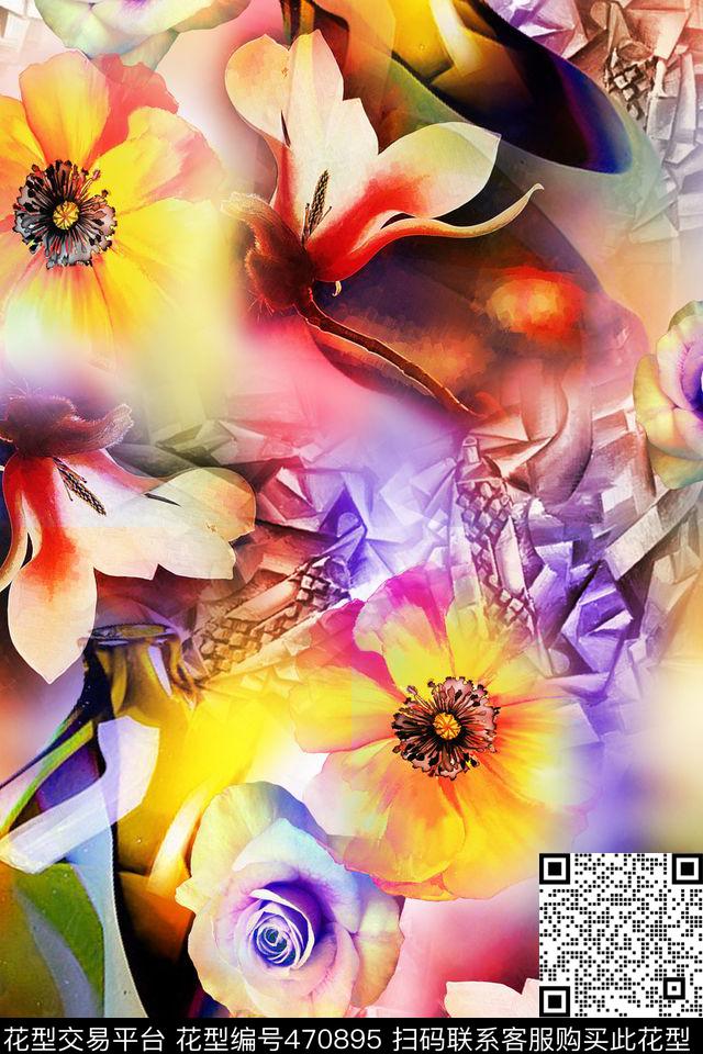 绚丽时尚花卉抽象纹数码印花华亿平台下载（图片编号: 470895） - 瓦栏（Walan）