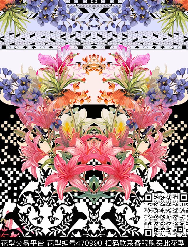 抽象定位花卉几何数码印花华亿平台下载（图片编号: 470990） - 瓦栏（Walan）