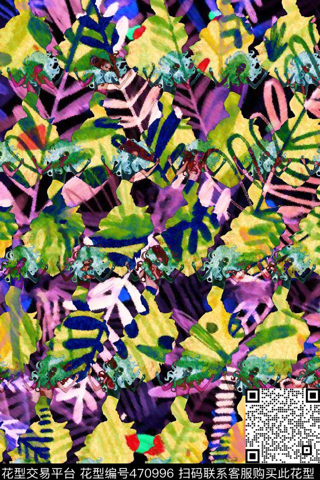 绿色色块手绘花卉数码印花华亿平台下载（图片编号: 470996） - 瓦栏（Walan）