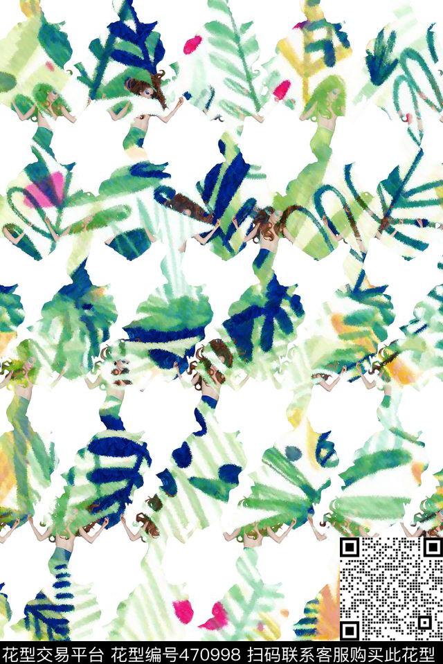 裸女美人鱼手绘花卉数码印花华亿平台下载（图片编号: 470998） - 瓦栏（Walan）