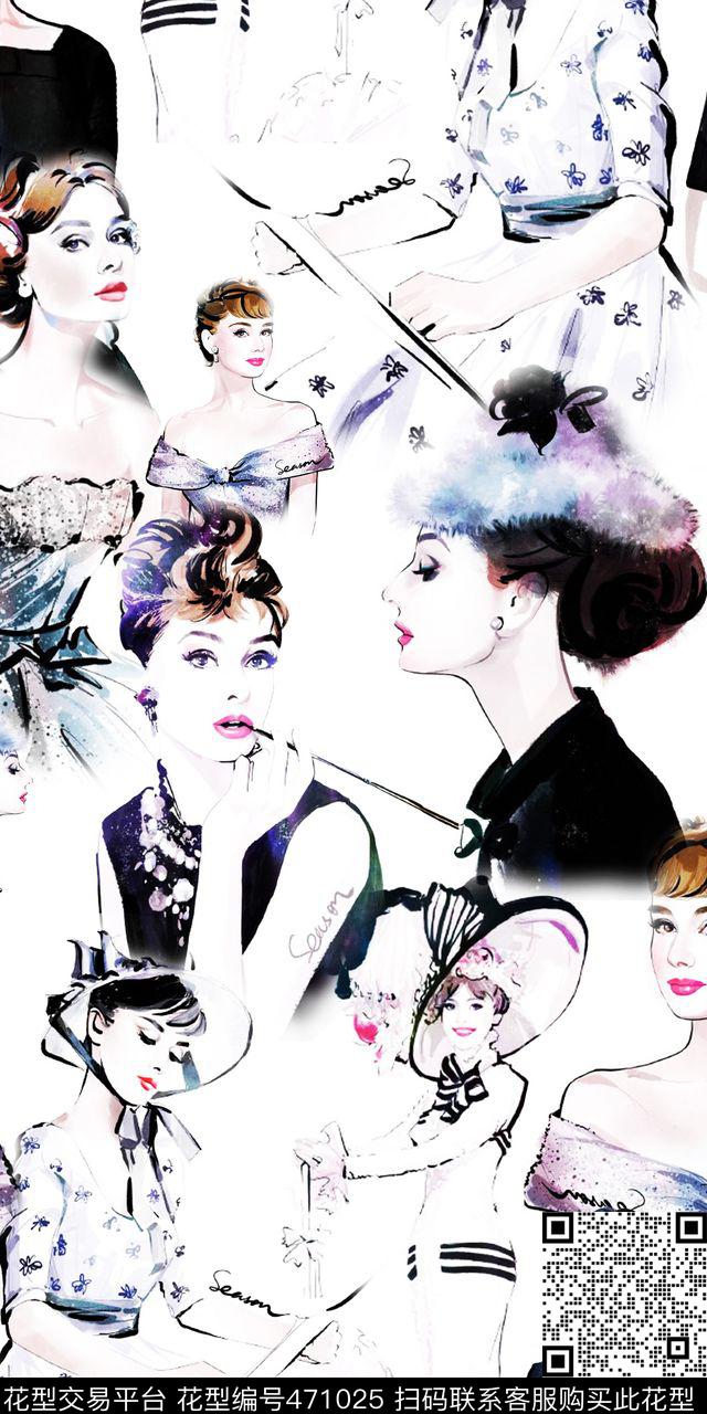 时尚水彩人物赫本数码印花华亿平台下载（图片编号: 471025） - 瓦栏（Walan）