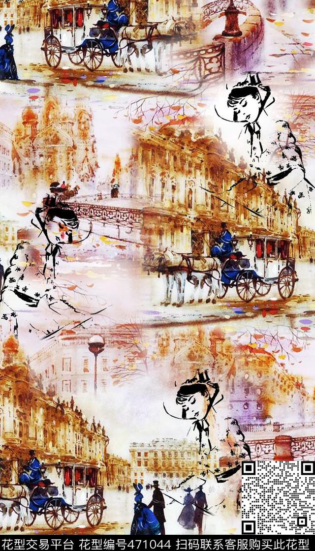 复古水彩欧式建筑数码印花华亿平台下载（图片编号: 471044） - 瓦栏（Walan）