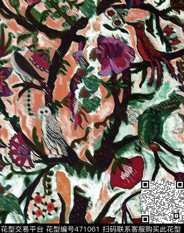 时尚模糊花鸟云彩数码印花华亿平台下载（图片编号: 471061） - 瓦栏（Walan）