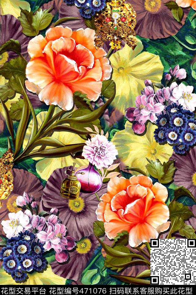 时尚手绘花卉数码印花华亿平台下载（图片编号: 471076） - 瓦栏（Walan）