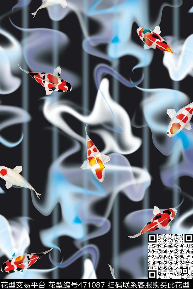 抽象小鱼晕染数码印花华亿平台下载（图片编号: 471087） - 瓦栏（Walan）