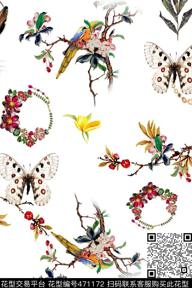 树枝花珠宝蝴蝶数码印花华亿平台下载（图片编号: 471172） - 瓦栏（Walan）