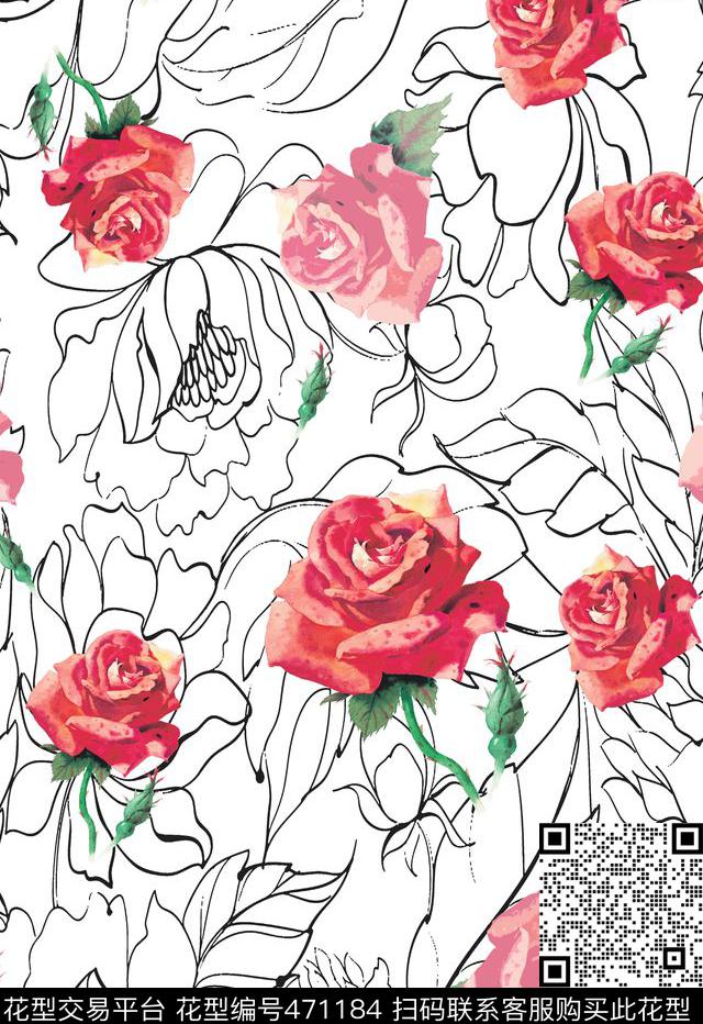 线描玫瑰百搭手绘玫瑰数码印花华亿平台下载（图片编号: 471184） - 瓦栏（Walan）