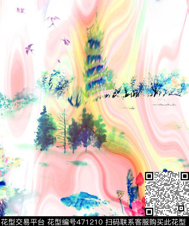 古典＋未来浪漫荷塘月色荷花宝塔飞鸟水墨国画错位叠加数码印花华亿平台下载（图片编号: 471210） - 瓦栏（Walan）