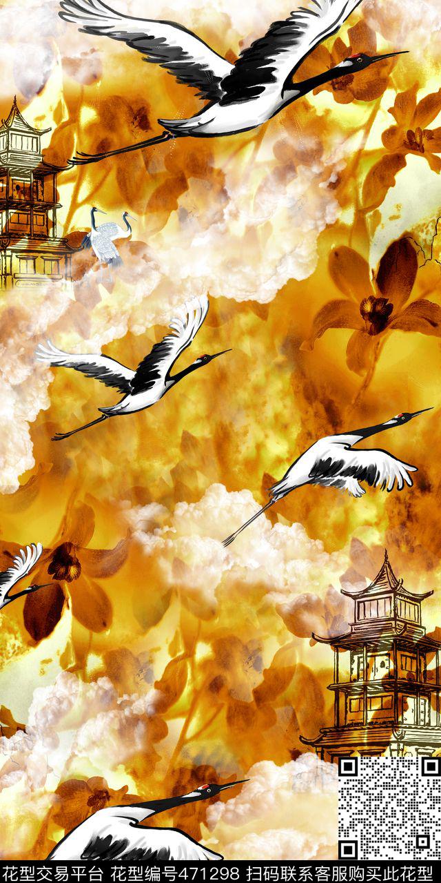 中国风鹤云雾数码印花华亿平台下载（图片编号: 471298） - 瓦栏（Walan）