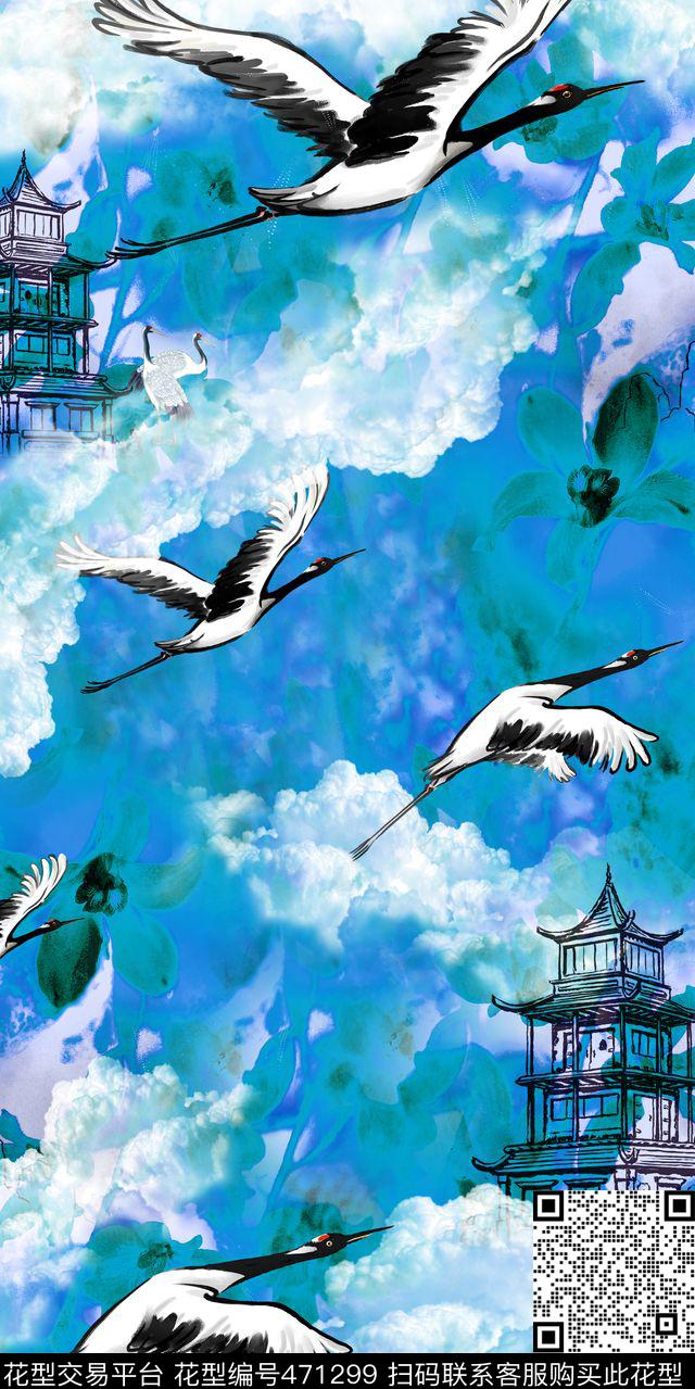 中国风鹤云雾数码印花华亿平台下载（图片编号: 471299） - 瓦栏（Walan）