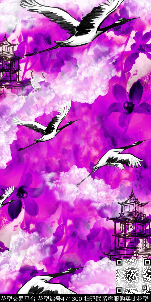 中国风鹤云雾数码印花华亿平台下载（图片编号: 471300） - 瓦栏（Walan）