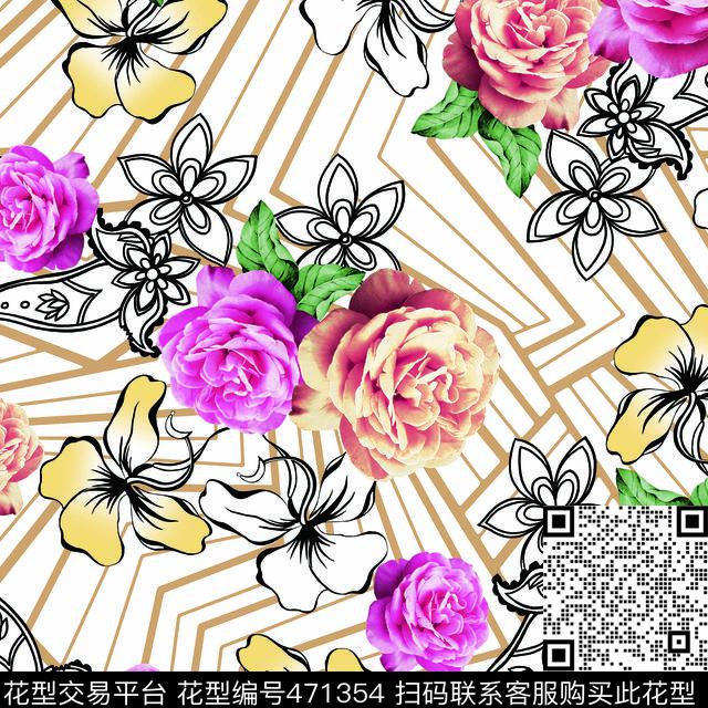 女装线条花卉格子数码印花华亿平台下载（图片编号: 471354） - 瓦栏（Walan）