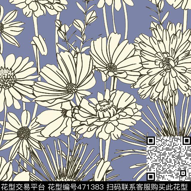 田园线描雏菊家纺印花传统印花华亿平台下载（图片编号: 471383） - 瓦栏（Walan）