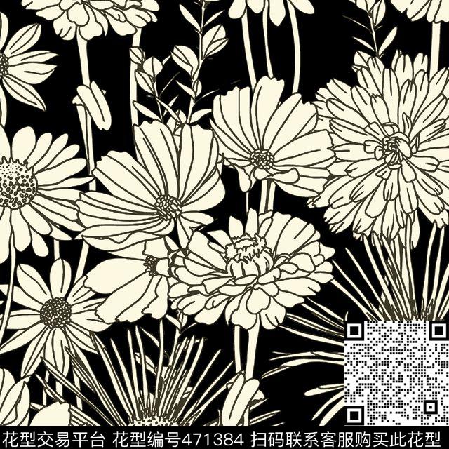 田园线描雏菊家纺印花传统印花华亿平台下载（图片编号: 471384） - 瓦栏（Walan）